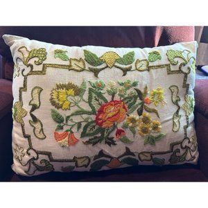 Vintage Unique MCM Boho Needlepoint Embroidery Pillow Orange Red Yellow Flowers